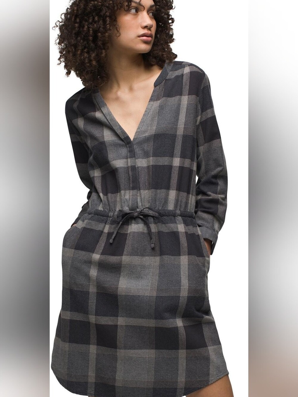 Prana Gray & Charcoal Long Sleeve Plaid Dress Size Large 100% Organic Cotton